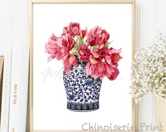 Red Tulips flowers Watercolour Chinoiserie Decor Botanical Oriental Blue White Willow Style Porcelain Ginger Jar Wall Art DIGITAL DOWNLOAD