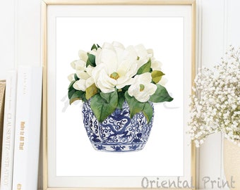 Magnolia Watercolour Chinoiserie Decor Oriental Vase Blue White Willow Style Porcelain Flower Ginger Jar Poster Wall Art DIGITAL DOWNLOAD