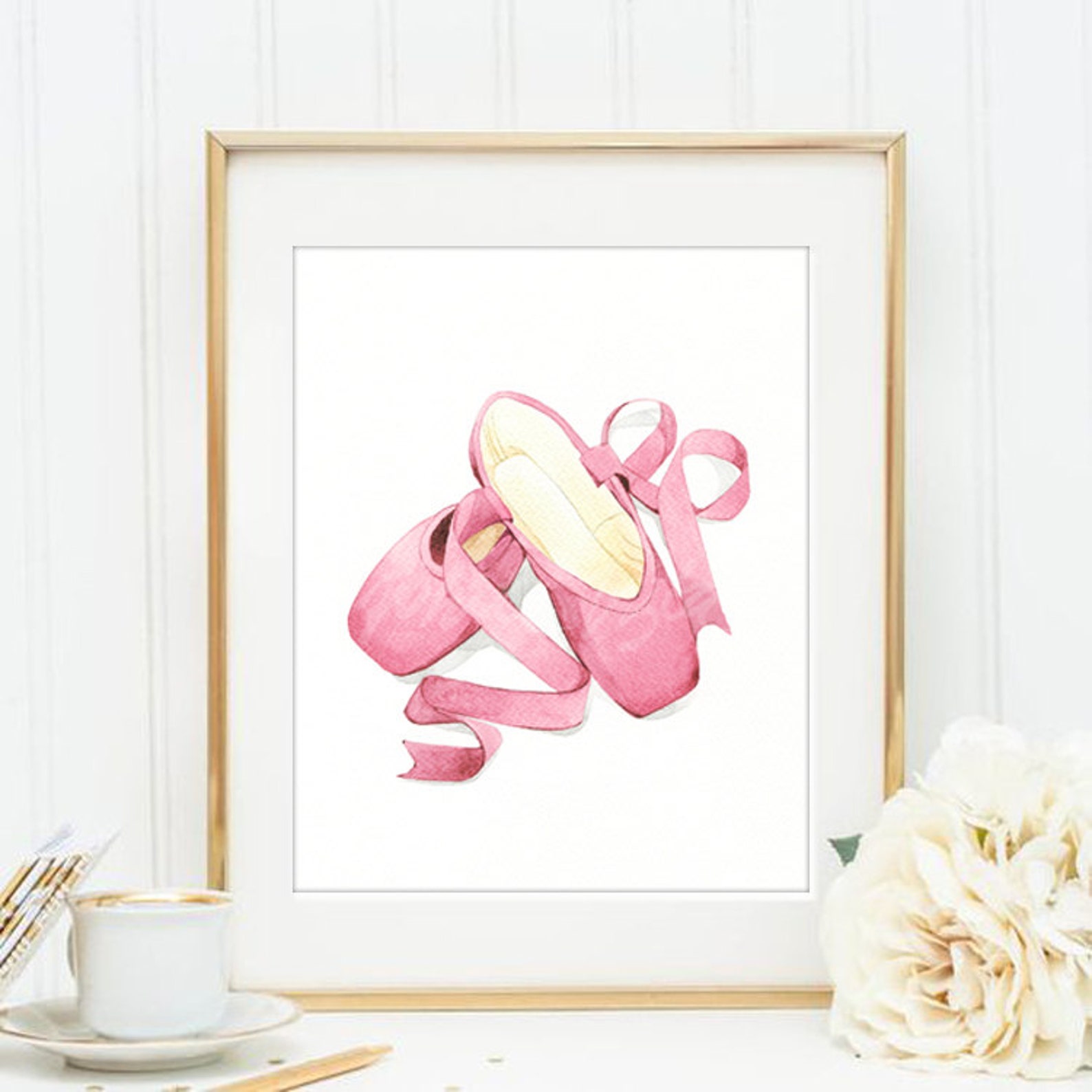 ballet decor, ballet shoes water color art prints, pink ballerina illustration, fashion decor, nursery art print digital downloa