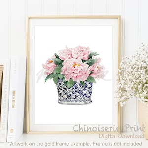 Aquarell Pfingstrose, Chinoiserie Kunst, Orientalische Vase Blau Weiß, Über dem Bett, Weidenstil, Ingwerglas Poster, Rosa Wandkunst DIGITAL DOWNLOAD