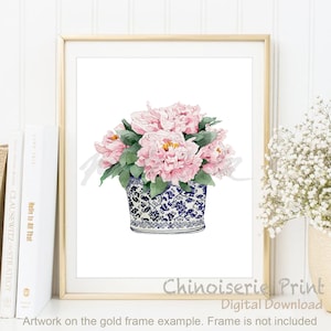 Watercolour Peony, Chinoiserie Art, Oriental Vase Blue White, Above Bed Art, Willow Style, Ginger Jar Poster, Pink Wall Art DIGITAL DOWNLOAD