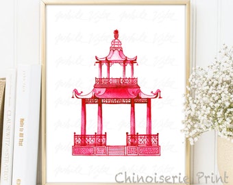 Pagode rose chinoiseies impression d'art affiche de Style saule peinture pagode chinoise belvédère jardin architectural Chine décoration d'intérieur TÉLÉCHARGEMENT NUMÉRIQUE