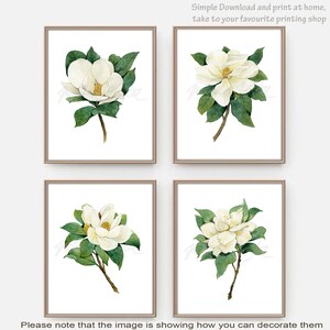 May include: Set of four printable art prints featuring watercolor illustrations of white magnolia flowers with green leaves. The prints are framed in a simple brown frame.