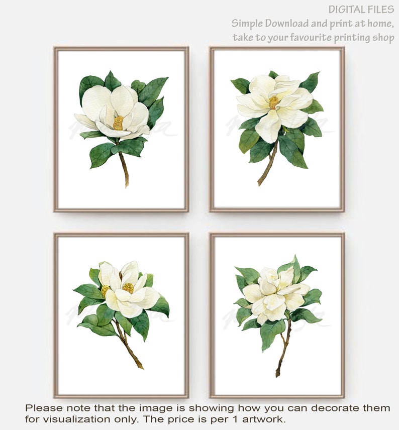May include: Set of four printable art prints featuring watercolor illustrations of white magnolia flowers with green leaves. The prints are framed in a simple brown frame.