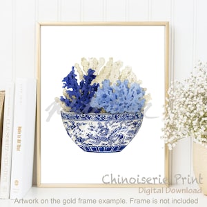 Küsten Print, Chinoiserie Wandkunst Korallen Aquarell Blau Weiß Willow Hampton Style Porzellan Blume Ginger Jar Poster DIGITAL DOWNLOAD