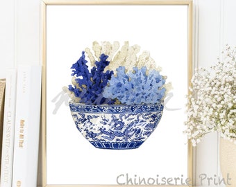 Coastal Print ,Chinoiserie Wall art Corals Watercolour Blue White Willow Hampton Style Porcelain Flower Ginger Jar Poster DIGITAL DOWNLOAD