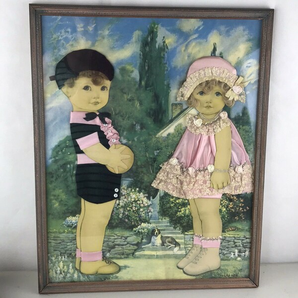 Vintage Queen Holden Human Hair Ribbon Dolls Art Boy Girl Mixed Media Framed