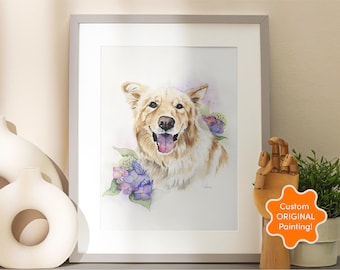 Pet Portrait with Flowers Toys | Watercolor Portrait realistic custom from photo dog portrait custom painting Portrait Gift Pet Memorial