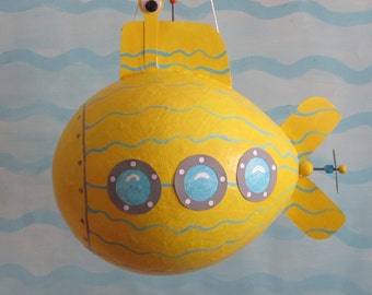 Yellow Submarine Pinata, Personalize Pinata, Birthday Party Decor, Deep Sea Pinata, Hand Painted, Original Design