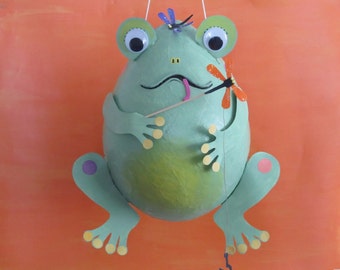 Fishing Frog Pinata, Frog and Dragonfly, Humor Pinata, Birthday Pinata, Children's Art, Nature Pinata, Frog Party Decor, Original Design