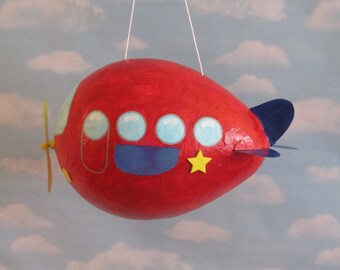 Airplane Pinata, Red Airplane Birthday, Propeller Plane Pinata, Airplane Party Theme, Handpainted, Original Design, Airplane Party Decor