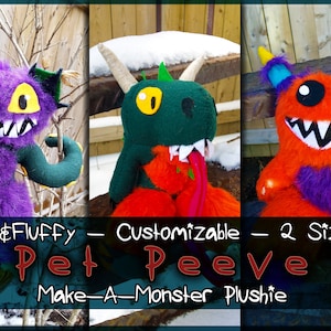 Peut inclure: Trois peluches monstres colorées, violettes, vertes et oranges, avec de grands sourires et des détails expressifs. Elles présentent des cornes, des langues et des poitrines en forme de cœur. Le texte indique : "Soft & Fluffy - Customizable - 2 Sizes Pet Peeve Make-A-Monster Plushie."