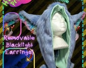 Animal Hat: Blue and Rainbow Canine Shoulder-Length Hood with Pockets and Earrings