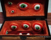 Mimic Chest Monster Dice Box -- Large Multi-set Container -- Salmon Pink Flesh with Green Eyes