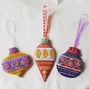 Hand Embroidered Felt Christmas Bauble Ornaments - Festive Gift, Tree Decoration, Bell, Round & Teardrop Shapes