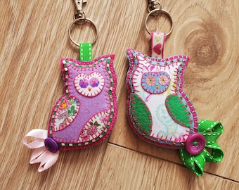 Fabric Embroidered Key Ring Bag Tag with Sequin Embellishment - Owls, Birds & Cats