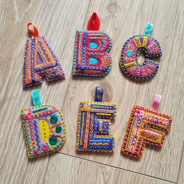 Hand Embroidered & Beaded Felt Letter Bag Tags - All Letters Available - Hanging Decoration, Christmas Gift, Alphabet Gift, Naming Gift