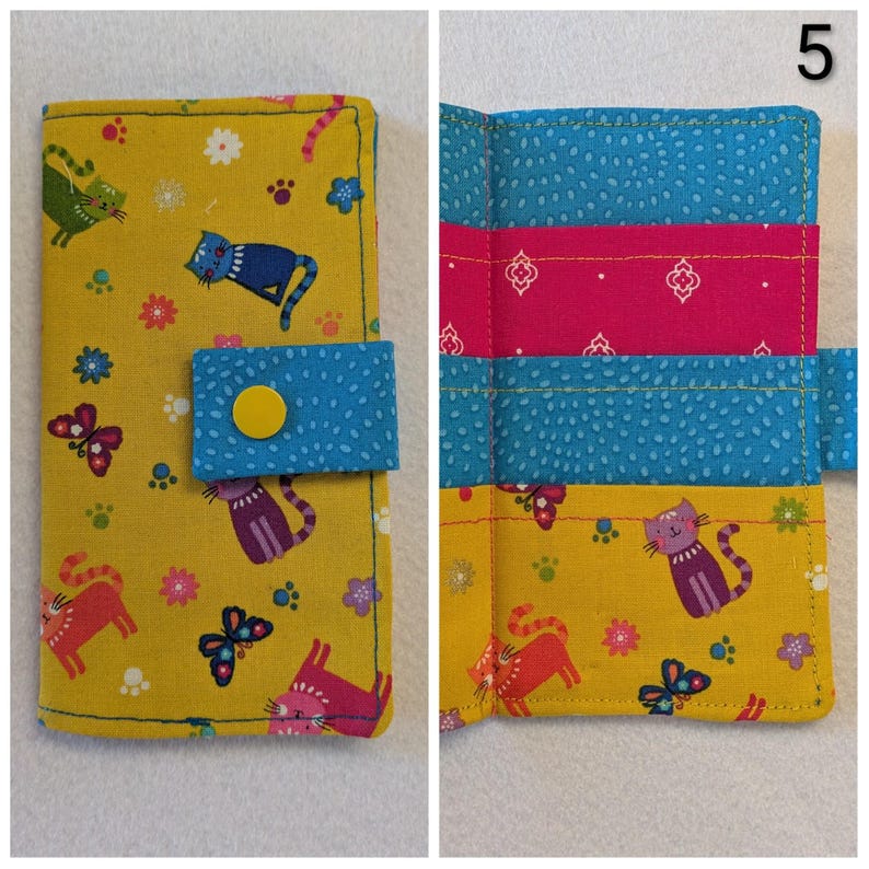 Carteira de tecido para saquinhos de chá: comporta 6 saquinhos de chá, fecho de pressão - cores e padrões prontos - presente com tema de chá, presente de Natal, presente para a família 5 YellowMulti Cats