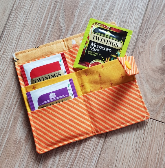 Fabric Tea Bag Wallet: Holds 6 Tea Bags, Snap Closure - Ready Made Colours and Patterns - Tea Theme Gift, Stocking Filler, Gift for Family