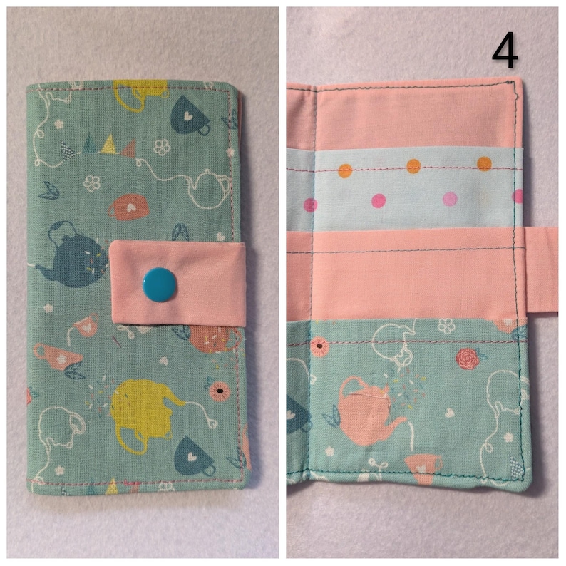 Carteira de tecido para saquinhos de chá: comporta 6 saquinhos de chá, fecho de pressão - cores e padrões prontos - presente com tema de chá, presente de Natal, presente para a família 4 Aqua Pink TeaPots