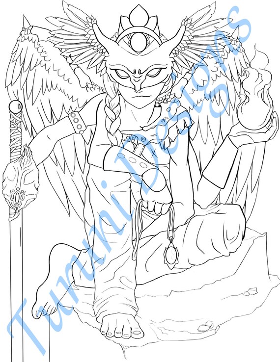 Printable Fantasy Coloring Page Creature With Angel Wings Warrior And Magic Sword