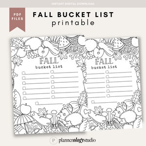 May include: A printable fall bucket list with two columns of checkboxes. The list is surrounded by a black and white illustration of fall-themed items, including pumpkins, leaves, acorns, and mushrooms.