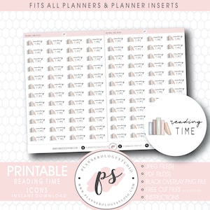 Pode incluir: Ícones de tempo de leitura imprimíveis para planejadores. Os ícones apresentam pilhas de livros com o texto "tempo de leitura" em um esquema de cores rosa e cinza. Os ícones estão disponíveis em arquivos JPEG, PDF e PNG.