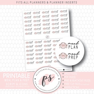 May include: Printable meal planning and prep stickers with a pink and brown color scheme. The stickers feature the text "meal plan" and "meal prep" with a plate and cutlery graphic. The stickers are designed to fit all planners and planner inserts.
