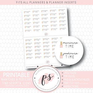 May include: Printable planner stickers with manicure and pedicure time script and icons. The stickers feature pink and gold nail polish bottles with the words "manicure time" and "pedicure time".