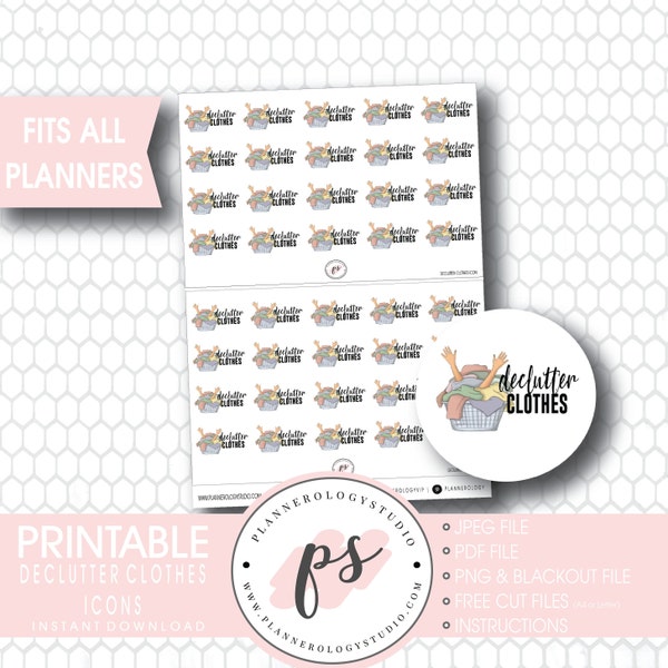Declutter Clothes (KonMari Inspired) Icons Digital Printable Planner Stickers | JPG/PDF/Free Cut File/Blackout Files