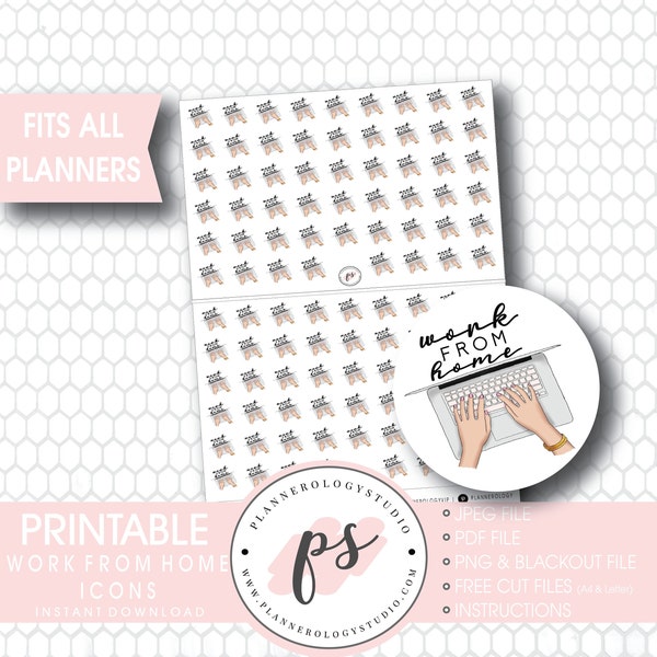 Work From Home Icons Digital Printable Planner Stickers | JPG/PDF/Free Cut File | Bujo Bullet Journal