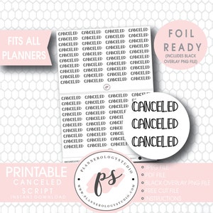 Canceled Script Foil Ready Digital Printable Planner Stickers | JPG/PDF/Free Cut File/Black Overlay | Bujo Bullet Journal