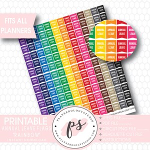 May include: Printable rainbow coloured annual leave flags for a planner. The flags are small and rectangular with the text "Annual Leave" printed in white on each flag.