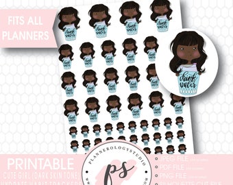 Cute Girl (Dark Skin Tone) Hydrate Water Habit Tracker Printable Planner Stickers | JPG/PDF/Silhouette Compatible Cut File