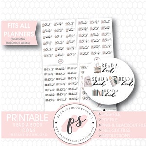 May include: Printable planner stickers featuring a stack of books and the text "Read a book". The stickers are in a white circle with a pink border. The stickers are designed for use in planners and journals.