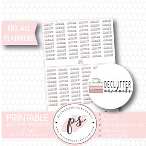 Könnte beinhalten: Druckbare Planer-Aufkleber mit dem Text "Declutter Wardrobe" in Rosa und Schwarz. Die Aufkleber sind in einem Rastermuster angeordnet und für alle Planer geeignet. Das Bild enthält auch ein Logo für "Declutter Wardrobe" mit einer Tasse Kaffee und einem Stapel Bücher.