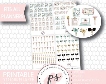 May include: Printable planner stickers with various accessories, including pens, clips, bows, and floral designs. The stickers are in a light blue, pink, and gold color scheme. The text "Printable Various Planner Accessories Icons Instant Download" is at the bottom of the image.