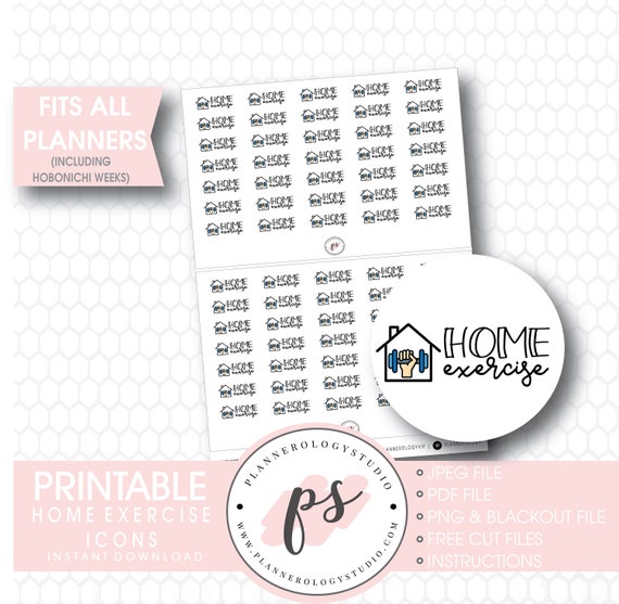 Home Exercise Script & Icon Digital Printable Planner Stickers | JPG/PDF/Free Cut File | Bujo Bullet Journal