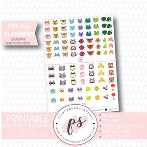 May include: Printable Animal Crossing icons for planners. The icons feature characters from the popular video game, including villagers, items, and fruits. The icons are designed to fit all planners, including Hobonichi Weeks.