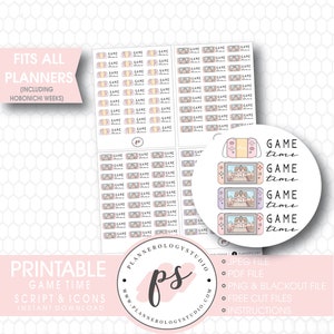 May include: Printable planner stickers featuring a pink and yellow game console with the text "GAME time" repeated four times. The stickers are designed to fit all planners, including Hobonichi Weeks.