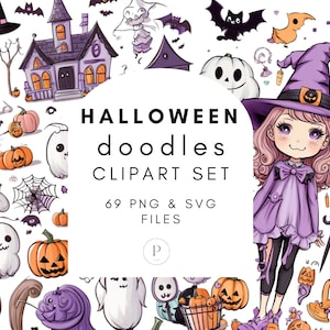 Cute Pastel Halloween Doodle Elements Clipart | 69 PNG & SVG Bundle | Digital Download | Full Commercial Use Allowed