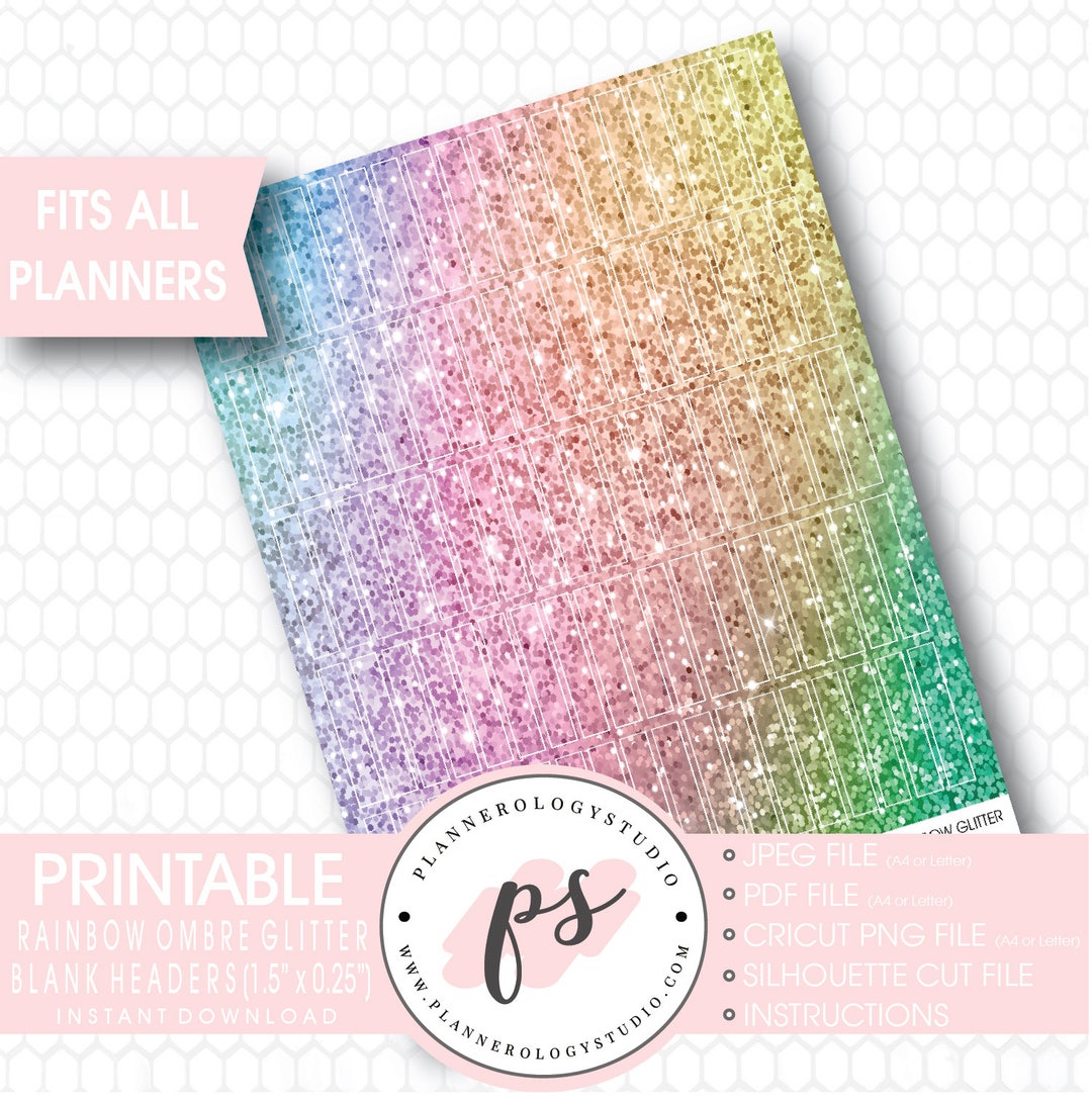 Rainbow Ombre Glitter Blank Header Printable Planner Stickers | Jpg/png ...