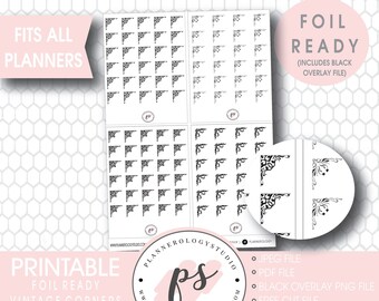 Bujo stijl Vintage hoeken folie klaar digitale afdrukbare Planner Stickers | JPG/PDF/gratis gesneden bestand/zwarte overlay
