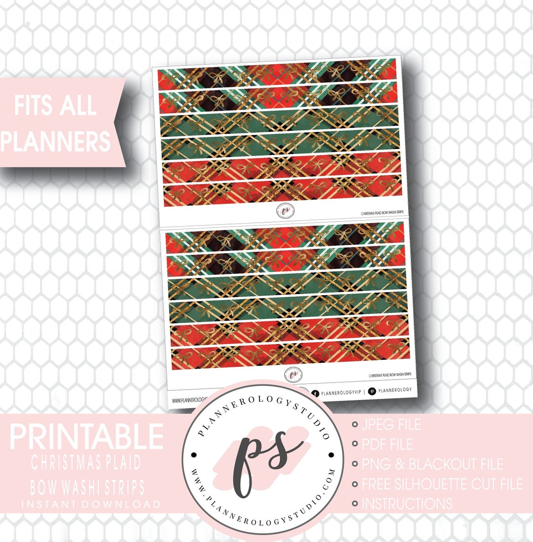 Kerst Plaid Bow Icoon Washi Strip Digitale Afdrukbare Planner Stickers