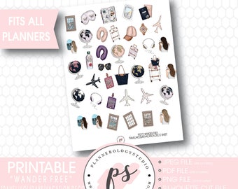 May include: Printable sticker sheet with travel themed illustrations. The sheet includes images of a passport, airplane, globe, sunglasses, and a travel pillow. The text "Wander Free" is printed on the sheet.