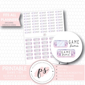 以下が含まれることがあります： 「ゲームタイム」というテキストが入った、紫とピンクのゲーム機のデザインの印刷可能なプランナー用ステッカー。ステッカーは、ホボニチウィークスを含むすべてのプランナーに合うように設計されています。