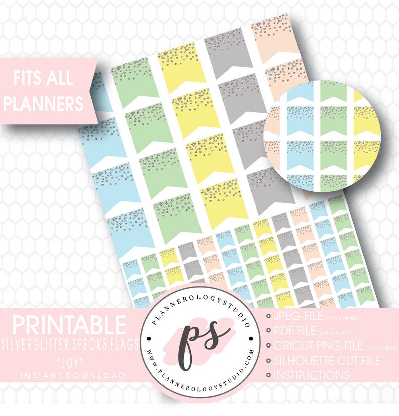 Joy Silver Glitter Specks Flags Printable Planner Stickers JPGPNGSilhouette Cut Files