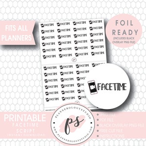 May include: Printable planner stickers with a black and white illustration of a phone with a video call icon and the text "FaceTime". The stickers are foil ready and include a black overlay PNG file. The stickers are designed to fit all planners.