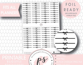 May include: Printable black and white bow divider stickers for planners. The stickers are in a bujo style and are foil ready. The image shows a close-up of the stickers and a sample of how they would look in a planner.