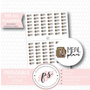 May include: Printable meal plan icons in brown and white with the text "Meal Plan" in a circle. The icons are arranged in a grid pattern on a white background. The text "Printable Meal Plan Icons" is at the bottom of the image. The text "Instant Download" is below the text "Printable Meal Plan Icons".
